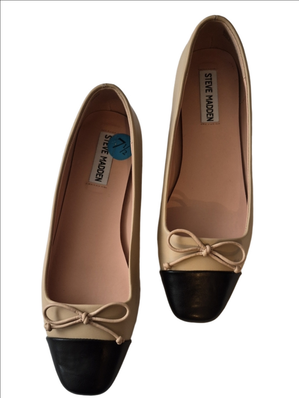 Steve Madden Ellison Leather Cap-Toe Ballet Flats - Nude/Black - Size 7.5